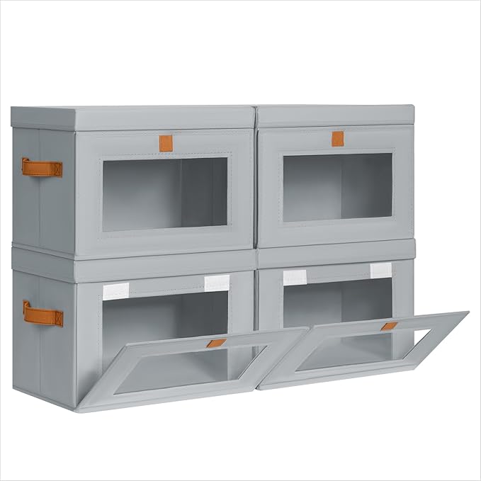 Homsorout Small Fabric Storage bins - Collapsible Storage Bins with Open Window, 4 Pack Closet Baskets for Shelves, Stackable Decorative Boxes for Home, Dorm, Grey, 13.7"x 9.8" x 9.8"