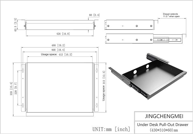 Under Desk Mounted Sliding Pull-Out Drawer for Office Desk W 19.2" x D 13.4"