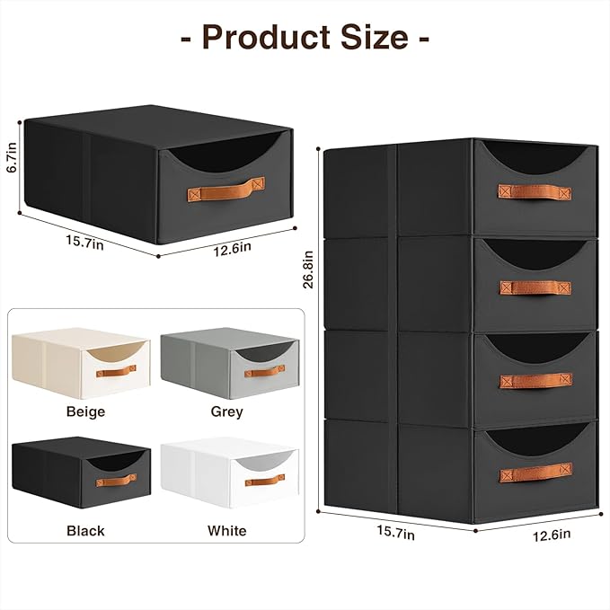 Homsorout Stackable Storage Drawers - Large Collapsible Storage Bins with Drawers, 8 Pack Closet Shelf Organizer Basket, Fabric Pull Out Organizer for Bedroom, Living Room, Dorm, Black