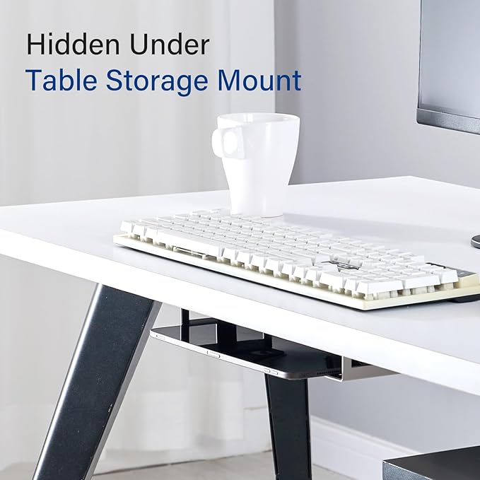 BYMECOST Under Desk Laptop Storage Mount, Metal Under Desk Device Holder, for Devices Up to 1.37" Thick, MacBook, Mini, Keyboard, Router, with Anti-Scratch Silicone (White)
