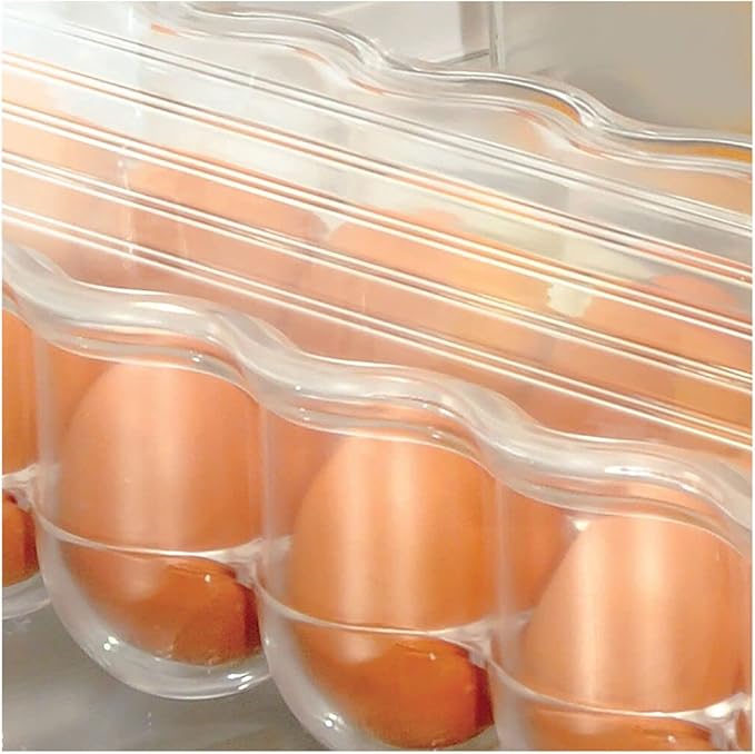 mDesign Stackable Plastic Covered Egg Tray Holder, Storage Container and Organizer for Refrigerator - Dozen-Section Carrier Bin with Lid and Handle - Holds 12 Eggs - Clear