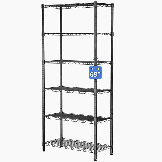 Golpart 6 Tier Adjustable Storage Shelves,Heavy Duty Metal Utility Shelf 900LBS Capacity,Wire Shelving Unit Organizer Rack for Home,Kitchen,Office,Bathroom,Pantry Room,12" D x 22" W x 69" H,Black