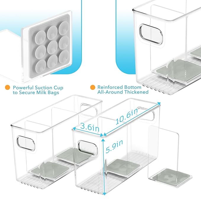 Breastmilk Storage Container with L Shaped Dividers to Flatten Standing Breast Milk Bags in Organizer Bins Save Refrigerator Space | 2 Containers with Removable Separator Boards - Gray