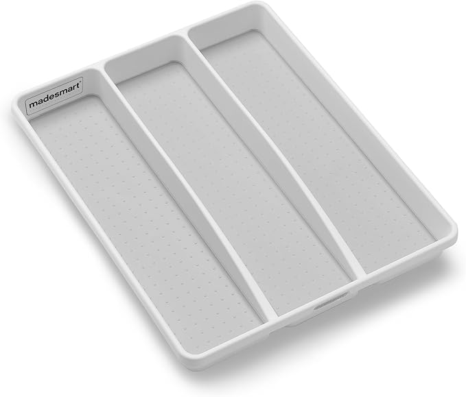 madesmart 3 Compartment Utensil Tray, Multi Purpose Storage Organizer, Non Slip Lining,Deep Storage for Ladles, Whisks & Serving Tools, for Drawers & Home Organization, White (Pack of 3)