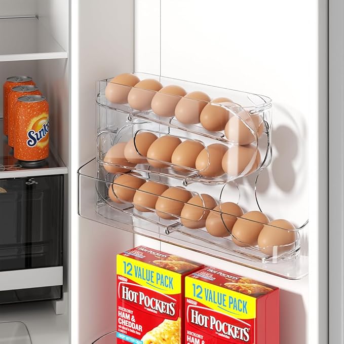 Sotfamily Clear Egg Holder for Fridge, Auto Rolling Egg Dispenser for Eggs 36 Count, FIFO Design, Space-Saving Egg Roller, Organizer, Container, Storage for Refrigerator & Kitchen Countertop(2 Packs)