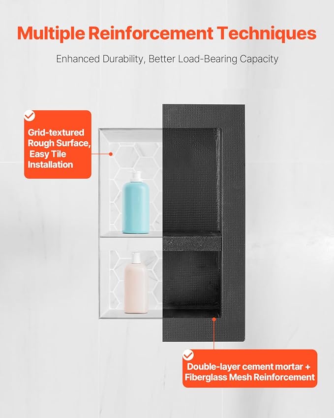 VEVOR Shower Niche, 16 x 20 x 4 inch Recessed Wall Niche with Movable Divider Shelf, Modern Soap & Shampoo Storage Organizer, Square Corners, Sealed Waterproof Design, Black for Bathroom Shower
