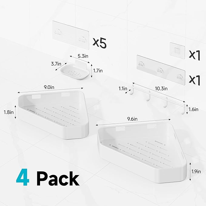 Veken Aluminum Corner Shower Caddy 4-Pack, Never Rust, No Drilling Adhesive Shelves, Stainless Rack with Soap Holder, Bathroom Organizers and Storage, Wall-Mounted Kitchen & Home Decor, White