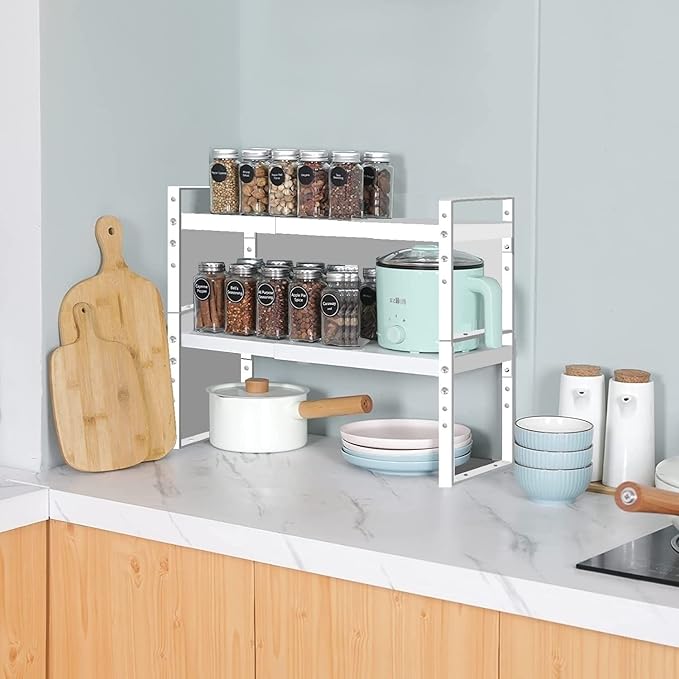 Jojocross Expandable Stackable Spice Rack Cabinet Shelf Organizer in Cabinets Shelves Kitchen Cupboard Organization Stack up Racks Pantry Countertop Storage Medium/White 3 Packs