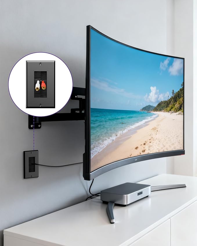 VCE Brush Wall Plate with Bracket, Cable Pass Through Insert Single Gang Decorator Wall Cover for Low Voltage Cables, Cord Hider for Wall Mount TV, Home Theater System, Black (2-Pack)