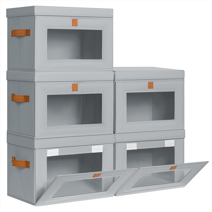 Homsorout Small Fabric Storage bins - Collapsible Storage Bins with Open Window, 5 Pack Closet Baskets for Shelves, Stackable Decorative Boxes for Home, Dorm, Grey, 13.7"x 9.8" x 9.8"
