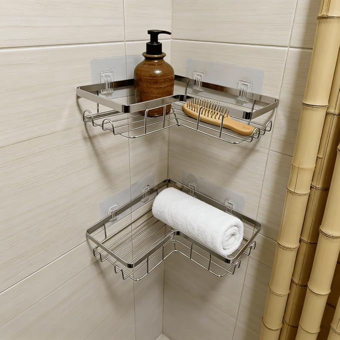 Shower Caddy 2 Pack, Stainless Steel No Drilling Adhesive Bathroom Organizer Shelf Rack, Corner Shower Shelf with Hooks for Home Decor & Storage