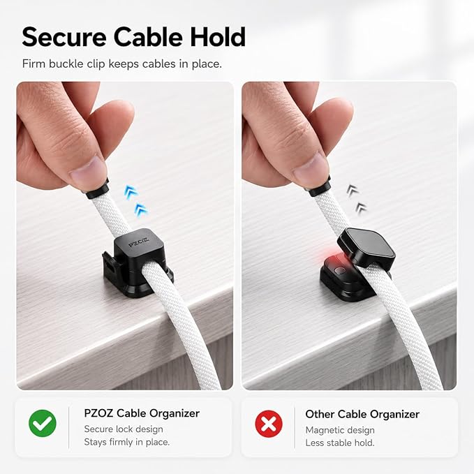 PZOZ 6 Pack Cable Organizer Clips, Adhesive Cord Holder for Desk, Secure Cable Management Clips for USB-C, Lightning & Charging Cables, Wire Organizer for Home Office Car (Black)