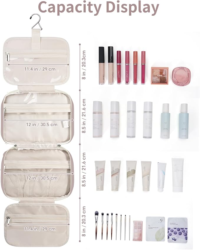 Narwey Travel Toiletry Bag for Women Large Hanging Makeup Bag Organizer Toiletries Bag for Full Size Essentials Accessories Cosmetics (Dusty Rose (Large))