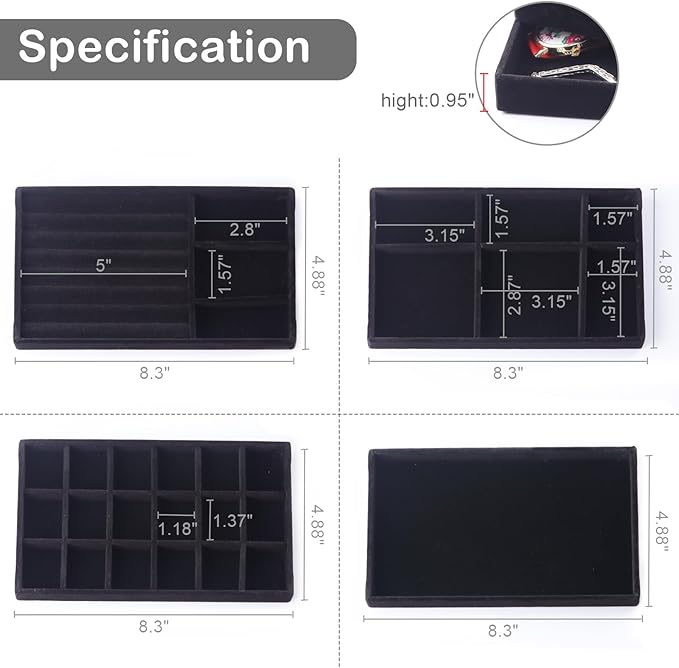Set of 8 Velvet Jewelry Drawer Organizer Inserts, Stackable Trays with Removable Dividers, Earring and Ring Holder Display for Dresser, Storage Case for Necklace Bracelet Watch - Black