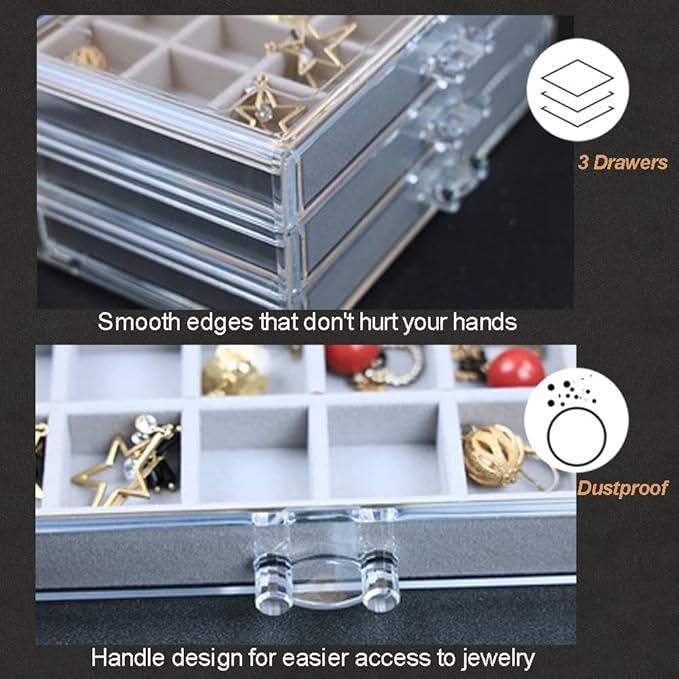 YUFONG Earring Organizer Box Acrylic Jewelry Organizer with 3 Drawers 54 Adjustable Grids Clear Stackable Earring Holder Velvet Trays Ring Display Case for Women Girls (Gray)