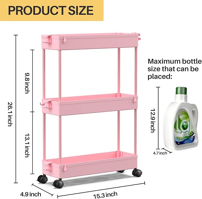 Slim Rolling Storage Cart, Pink