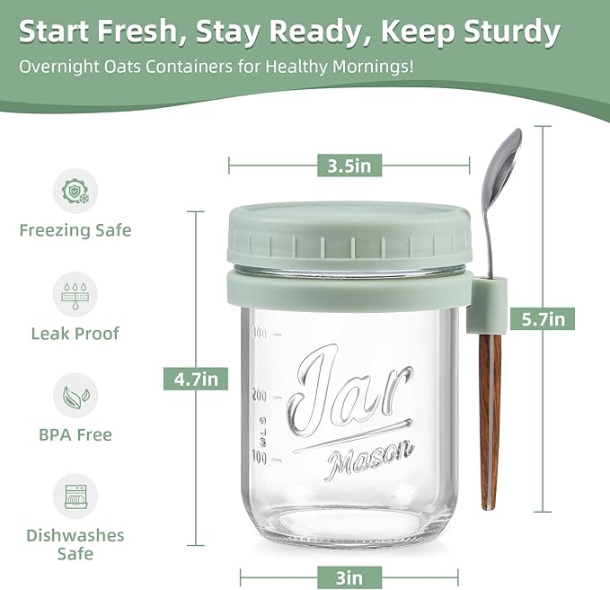 4 Pack Overnight Oats Containers with Lids and Spoons, Fruit