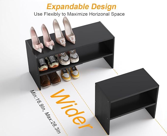Black Shoe Rack Organizer for Closet, 2-Tier Expandable Shoe Shelf, Stackable Iron Wood Combination Small Shoe Racks Shelves for Closets, Entryway,Small Space,Hallway,Garage,6-12 Pairs