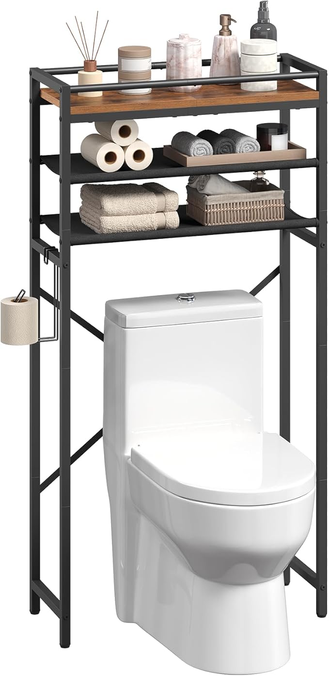 MAHANCRIS Over Toilet Storage, 3-Tier Bathroom Organizer Shelf with Toilet Paper Holder, Freestanding Space Saver Bathroom Shelves Above Toilet for Bathroom, Laundry Room, Rustic Brown TSHR1201