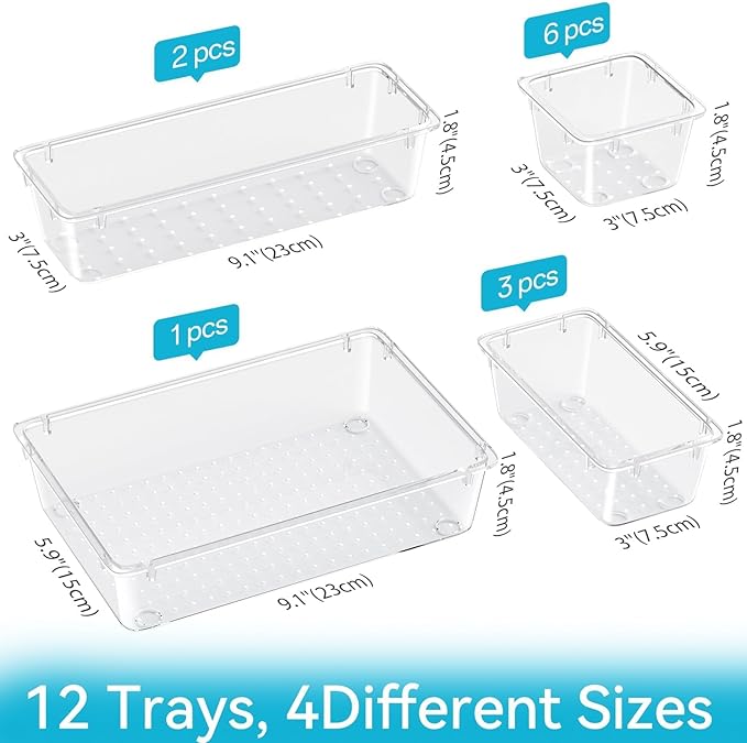 12 PCS Drawer Organizer Set, 4 Sizes Tool Storage Trays, Bedroom