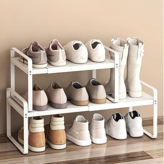 Expandable 1-Tier Metal Shoe Rack (H:7"), Adjustable Width 14.9"–23.6", Heavy-Duty Free-Standing Shoe Shelf for Closet, Entryway & Small Spaces – Single Pack