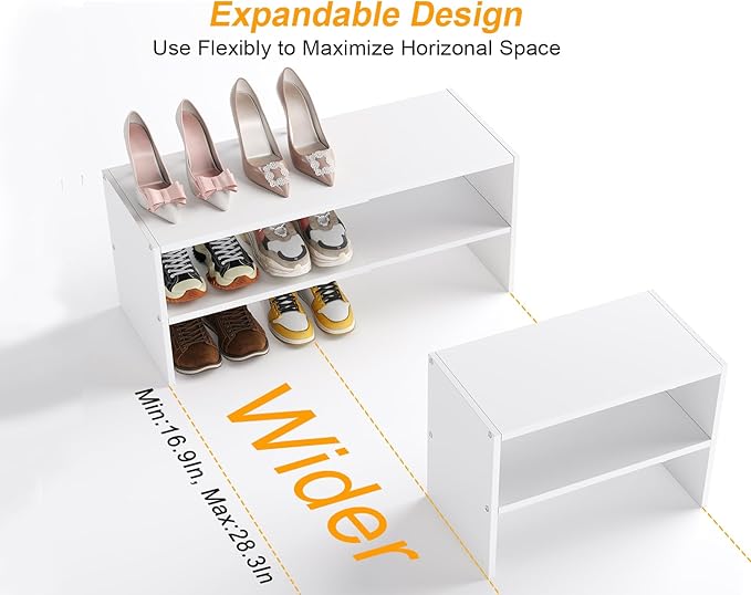 White Shoe Rack Organizer for Closet, 2-Tier Expandable Shoe Shelf, Stackable Iron Wood Combination Small Shoe Racks Shelves for Closets, Entryway,Small Space,Hallway,Bedroom,Bathroom,6-12 Pairs