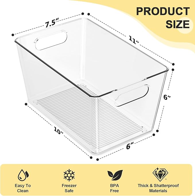 4 Pack Clear Plastic Storage Bins, Pantry Organization and Storage Bins for Kitchen-Fridge Organizer, Pantry Storage Containers, Cabinet Organizers