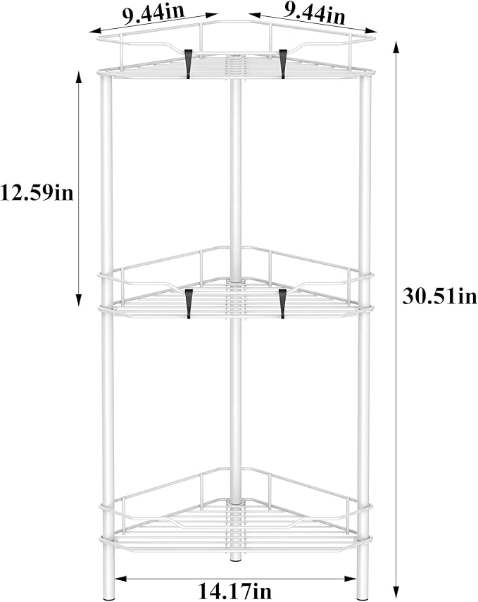 3 Tier Floor Standing Corner Shower Caddy Organizer Shelf with Hooks, White
