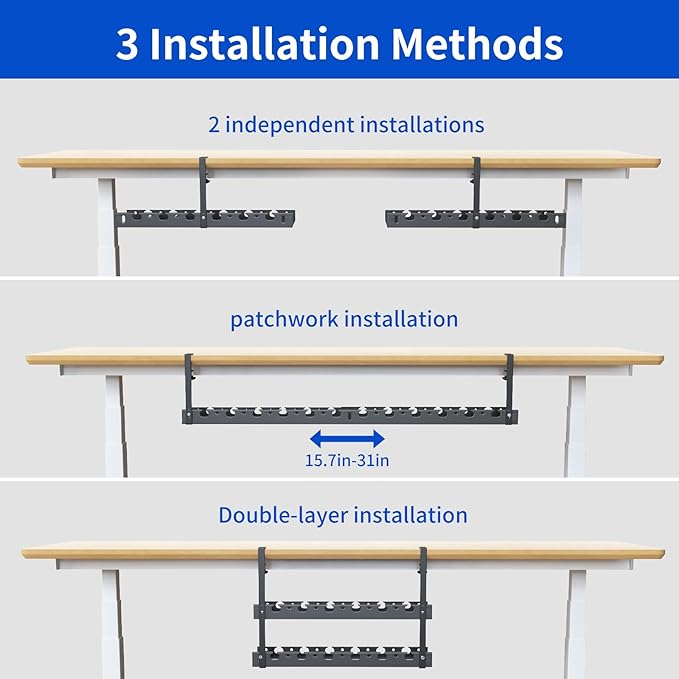Under Desk Cable Management Raceway Clamp 2 Hole 31 Inch No Drill Cord Organizer for Standing Desk Sturdy Metal Office Desk Wire Management - No Damage to Table