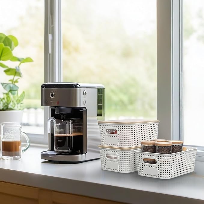 6Pcs Storage Bins with Lids, Stackable Plastic Storage Basket with Bamboo Lid, Pantry Organizer Box Small Containers for Organizing Shelves Drawer Desktop Closet Cabinet Office Classroom 10x7.1x4.1in
