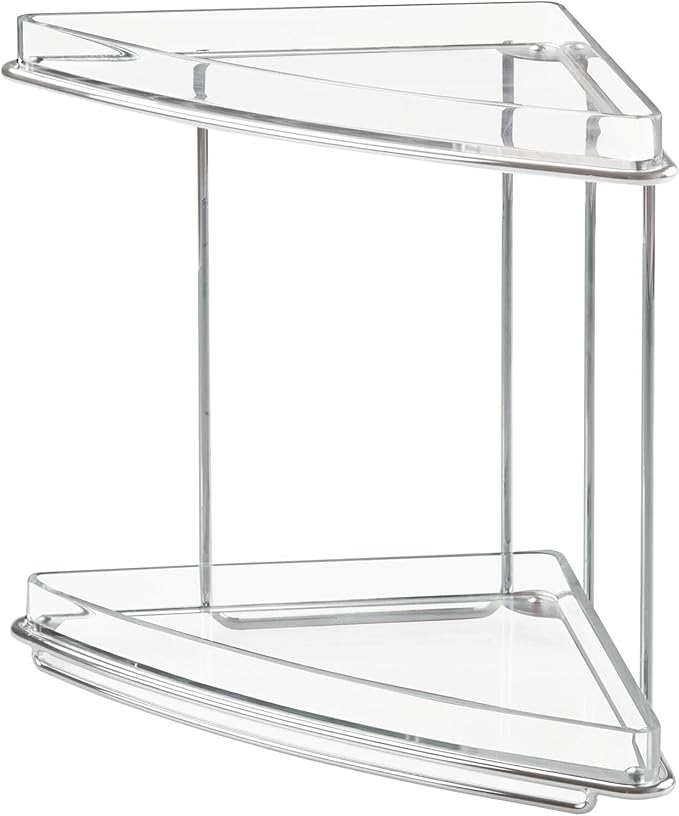 mDesign Steel/Plastic Freestanding Countertop Corner Shelf Organizer with 2-Tier Storage for Bathroom, Vanity, Cabinet, Counter - Holds Makeup, Bath Gel - Prism Collection - Clear