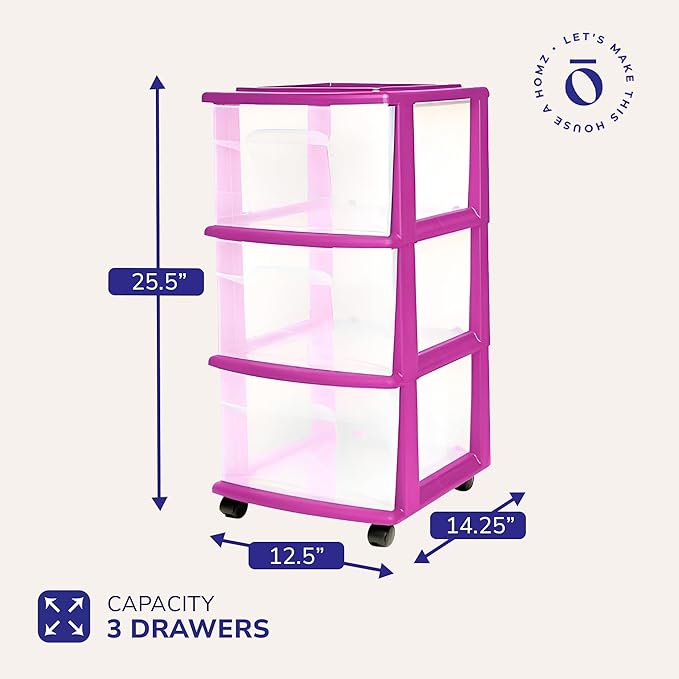 Drawer Tower, 3-Tier Clear Plastic Storage Organizer Cart, Purple Frame