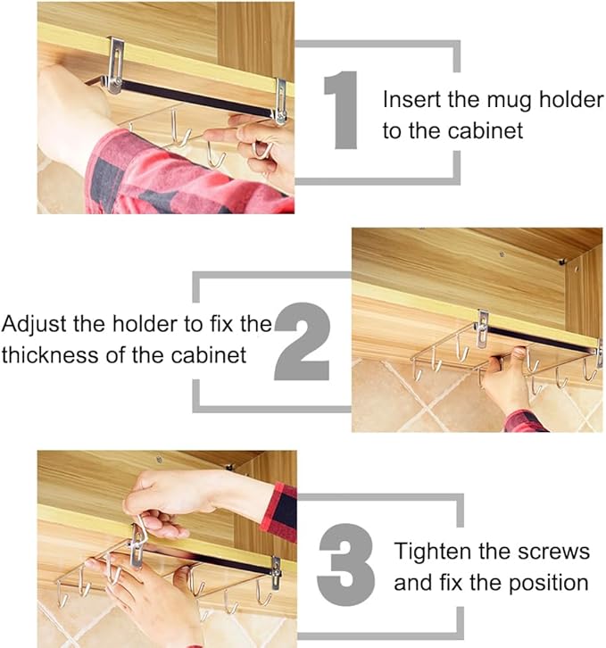 Mug Holder Under Cabinet for 1.18"- 1.96" Thickness Cabinet Base, 9 Hooks Cup Organizer Hanging Coffee Mug Rack Tea Cup and Utensil Hooks Drilling Free Mug Hanger Under Shelf