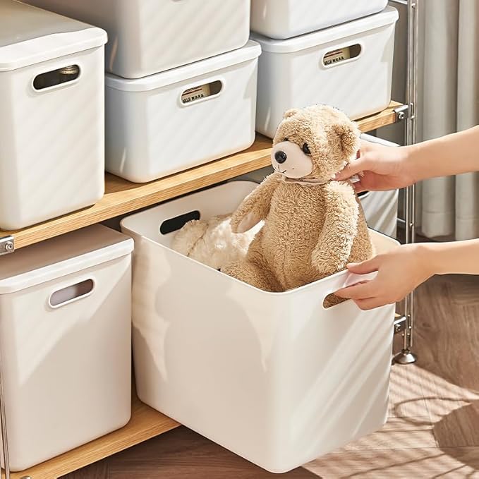 4 pack large plastic White storage bins with Lids, Toy Box Chest with Handle，Organizer Containers Baskets for Baby,Nursery，Shelves，Playroom, Bedroom，Office,Closet，home (White, 4XL)