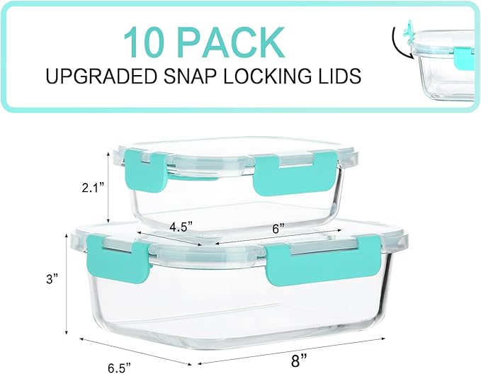 Glass Meal Prep Containers with Lids, 10-Pack, Green