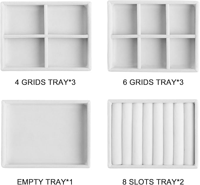 Frebeauty Small Jewelry Tray Set,Stackable Velvet Jewelry Organizer Tray,Mini Jewelry Drawer Organizer,Drawer Inserts,4.92 x 3.74 x 0.9 Inches,Earring Organizer for Women(Set 9,White)