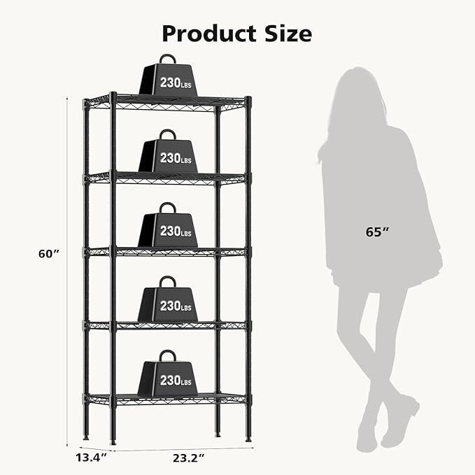 DUMOS 5-Tier Metal Wire Storage Shelves, Adjustable Standing Storage Rack Shelf, Heavy Duty Steel Shelving Unit Organizers for Kitchen Bathroom Pantry Garage, 23.2" W×13.4" D×59.8" H, Black