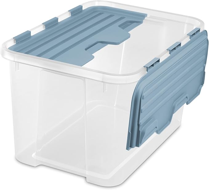 Sterilite 24 Pack Hinged Lid Storage Box, 60 Qt Plastic Container, Washed Blue - Home Organizer Tote for Storing Shoes, Crafts, Clothing, or Decor