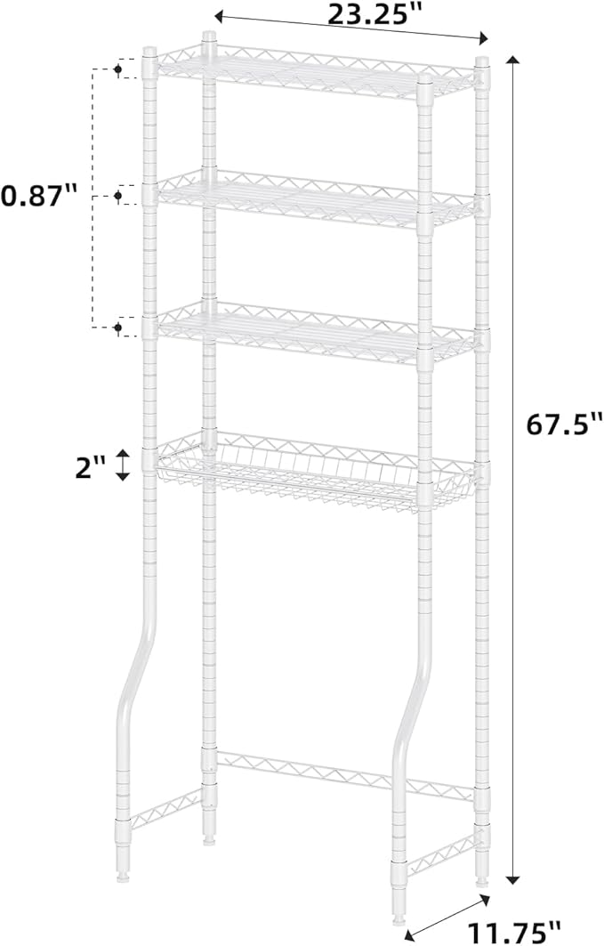 Simple Trending 4 Tier Over The Toilet Storage Rack, Bathroom Organizers and Storage Over Toilet with Adjustable Shelf and Basket, White