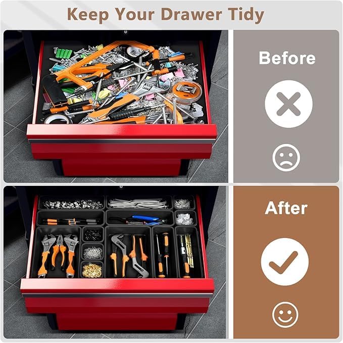 A-LuGei【X-Large Size【5 Pcs】 Tool Box Organizer Tray Divider【Single Size】 Black Plastic Desk Drawer Organizer Garage Organization for Wrench Plier Hammer Bit Socket Extension Screwdriver Bolt Hex key