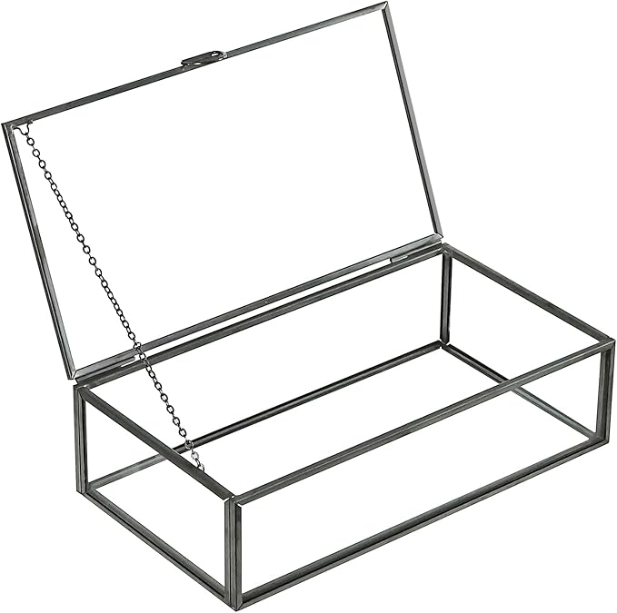 HighFree Vintage Glass Box with Lid - Clear Jewelry Glass Display Box Keepsake Box - Home Decor Decorative Box for Trinket Rings Bracelet (Black, Medium)