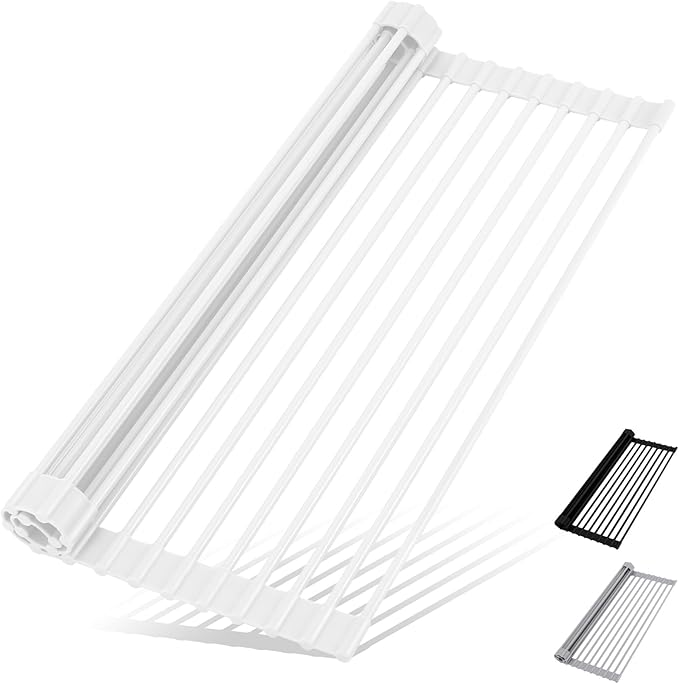HANZENMA Roll Up Dish Drying Rack Over The Sink Kitchen Roll Up Sink Drying Rack Multipurpose Foldable Sink Drying Mat, Heat-Resistant, Anti-Slip & Anti-Rust Dish Rack for Kitchen, 20.5" x 13", White