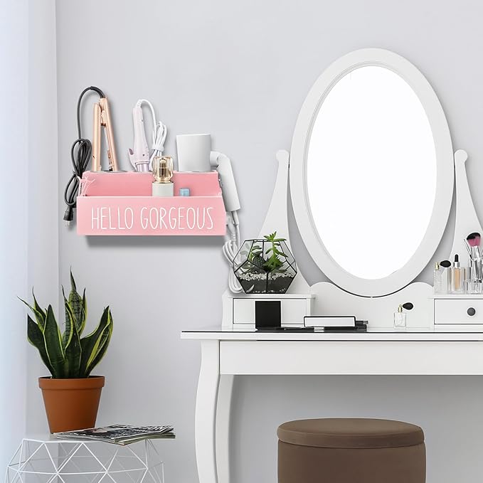 Hair Tool Organizer, Wooden Hair Dryer Holder Countertop, Pink