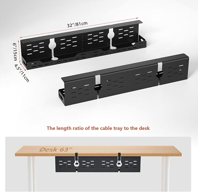 Under Desk Cable Management Tray, 32" Steel Cord Organizer, Black