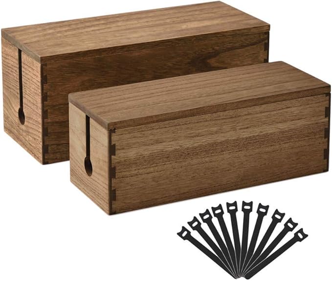 KIRIGEN Wooden Cable Management Box Set of 2 - Solid Wood Large & Small Cord Organizer Hides Power Strips, Chargers & Wires for Desk, TV Stand, Home Office Brown DXH2T-DBR