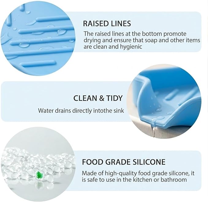 MicoYang Silicone Soap Dish with Drain Spout — Self-Draining Sink Organizer Tray for Bathroom & Kitchen, Holds Bar Soap, Sponges & Dispensers, Non-Slip & Dishwasher Safe, Light Blue (Small, 4.9"×3.2")
