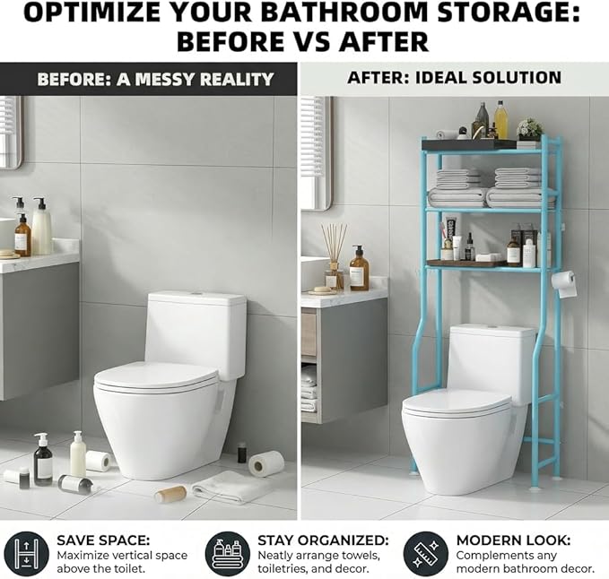 GloTika 3-Tier Over Toilet Storage with Anti-Tilt Safety System - 150lb Total Capacity Metal Bathroom Shelves Including Paper Holder & 4 Hooks, Space Saving Above Commode Organizer (64" H, Blue)