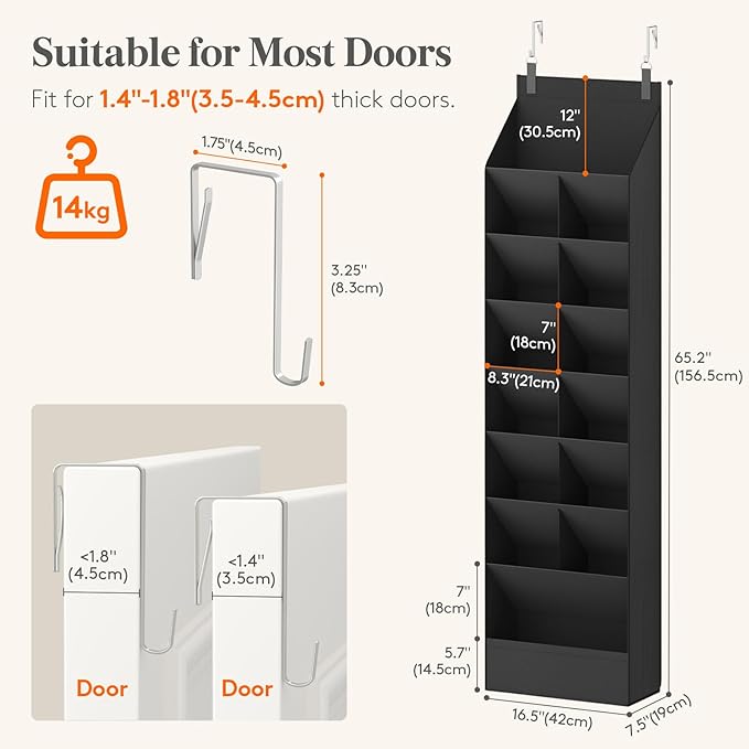 8 Tier Over the Door Shoe Organizer with 15 Large Deep Pockets, Black