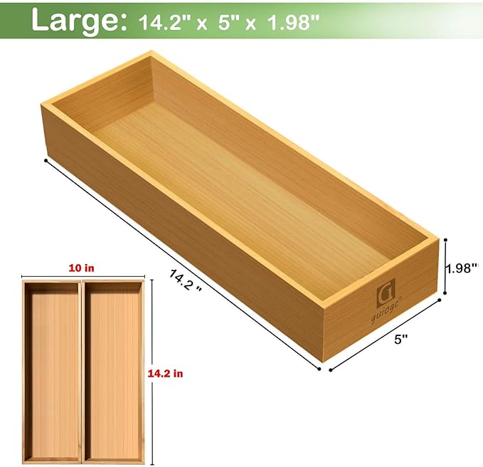 Bamboo Drawer Silverware Organizer, Silverware Tray, 14.2"x5"x2"-Set of 2