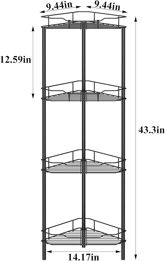 HuggieGems 4 Tier Floor Standing Corner Shower Caddy Organizer Shelf with Hooks, Bathroom Shelves Stand Rack, Matt Black